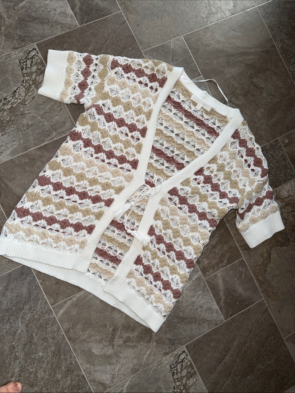 Addison Parker small Womens White Openwork Knit Cardigan Blush Beige Accents Sm